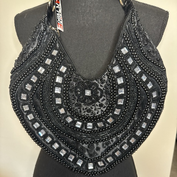 Y2K FAR NINE Black Beaded Mirror Shoulder Bag Vintage Boho Hobo Purse - Picture 2 of 8